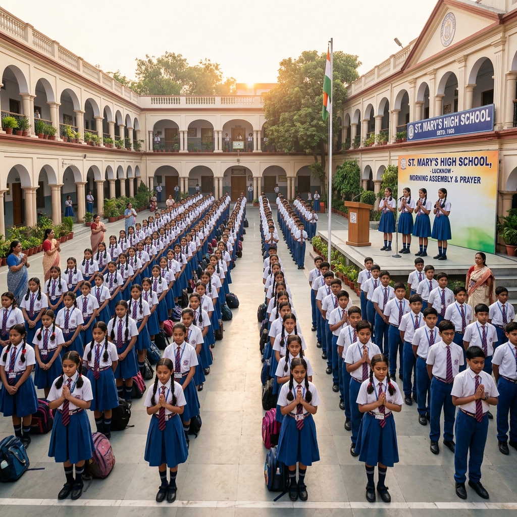 Students during morning assembly in the school courtyard