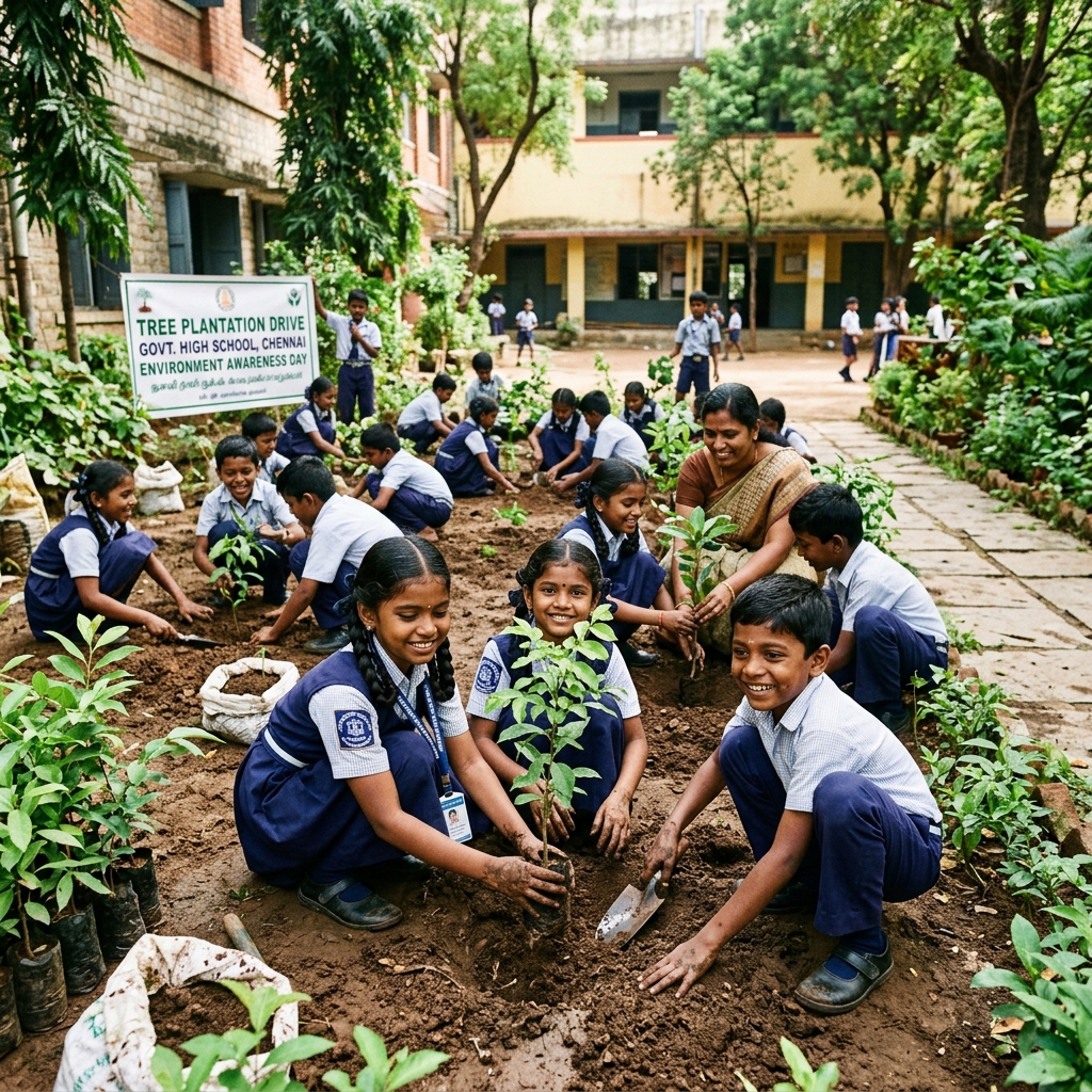 Students planting saplings during Tree Plantation Drive